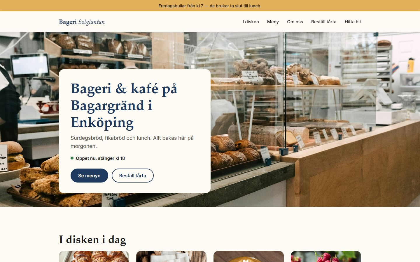 Bageri Solgläntan — exempel på en skräddarsydd sida för ett bageri och kafé